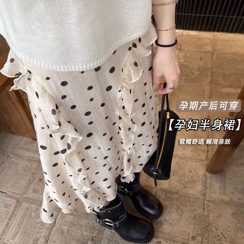 지금 임산부 한 부서 폭발 도트 무늬 디자인 센스 쉬폰 복부 지지 반신 치마 이미지 2