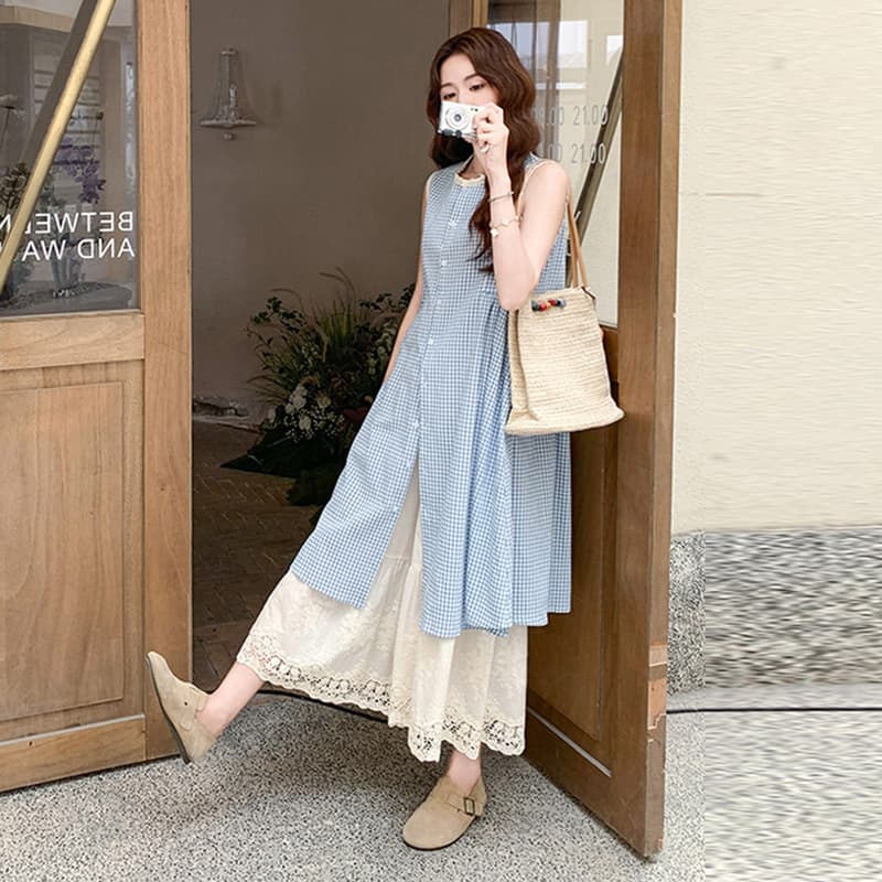 새로운 지금 임산부 롱 코트 민소매 셔츠 레이스 바지 세트 여성 이미지 2