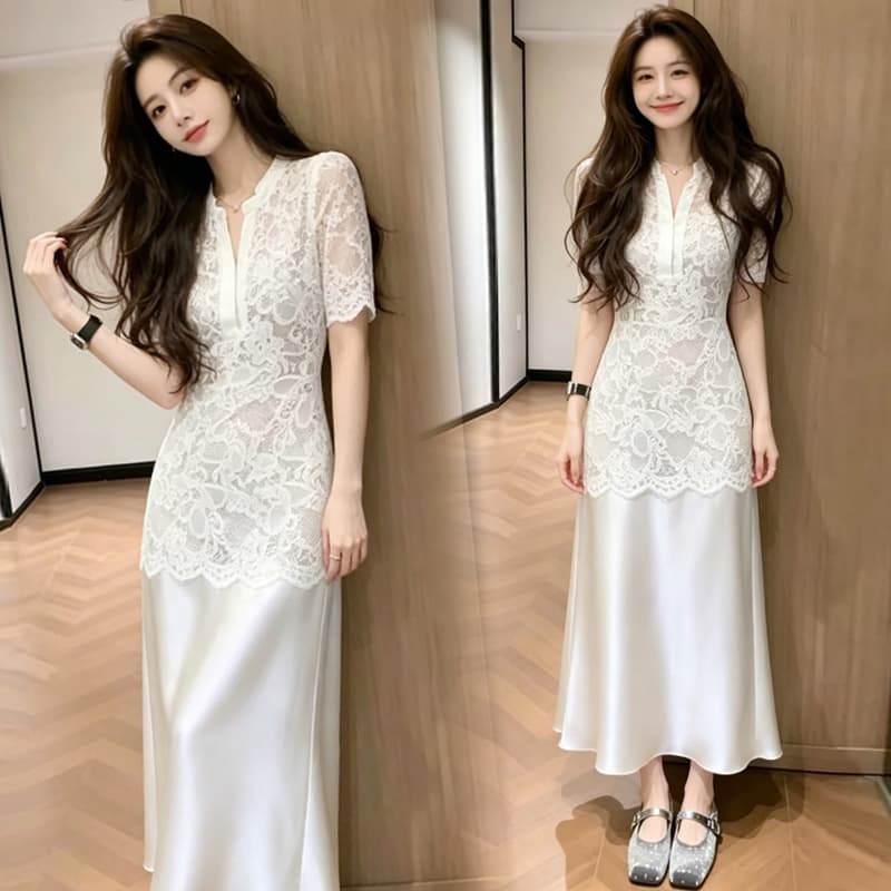 임산부 빅 사이즈 프랑스식 품격 화이트 레이스 슬림해 보이는 패치워크 여성 드레스 이미지 2