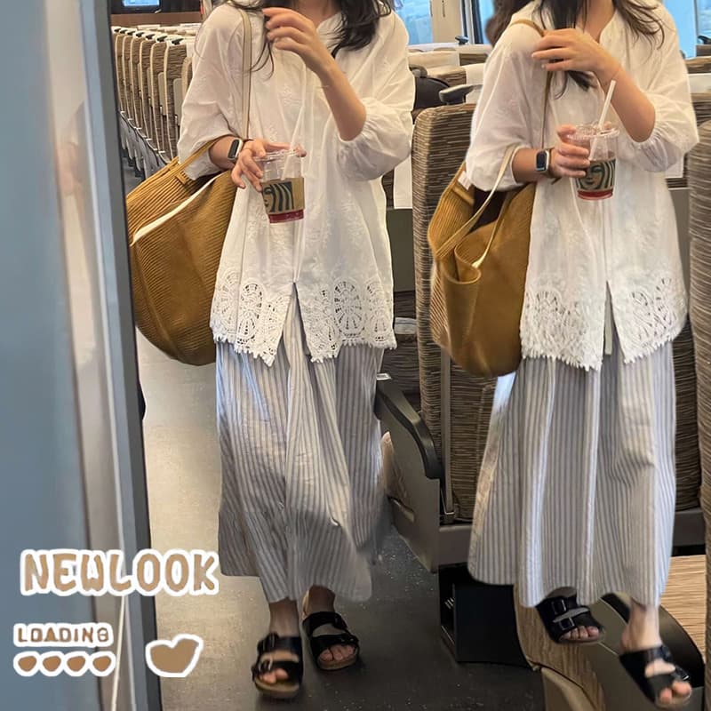 지금 자수 무거운 작업 레이스 레이스 셔츠 스트라이프 치마 세트 여성