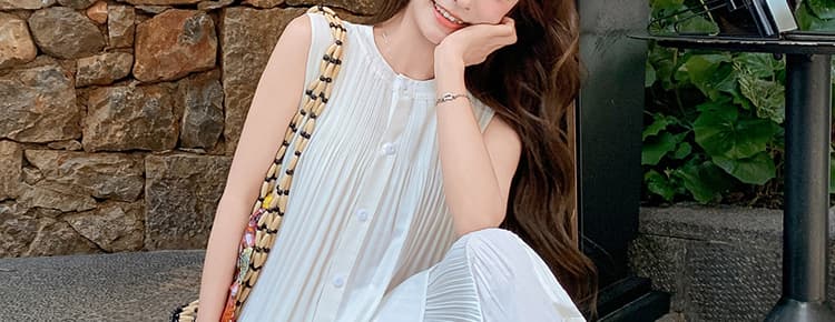 새로운 임산부 빅 사이즈 쉬폰 플리츠 민소매 맨위 반신 치마 세트 여성 상세 이미지 5
