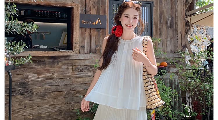 새로운 임산부 빅 사이즈 쉬폰 플리츠 민소매 맨위 반신 치마 세트 여성 상세 이미지 51