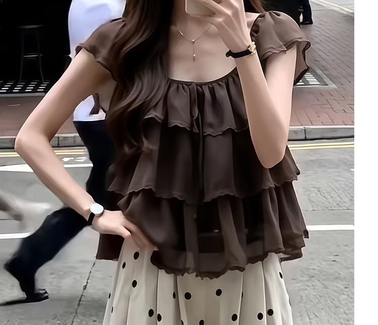 폭발 한 부서 빅 사이즈 작은 날다 소매 맨위 도트 무늬 면 린넨 바지 세트 여성 상세 이미지 39