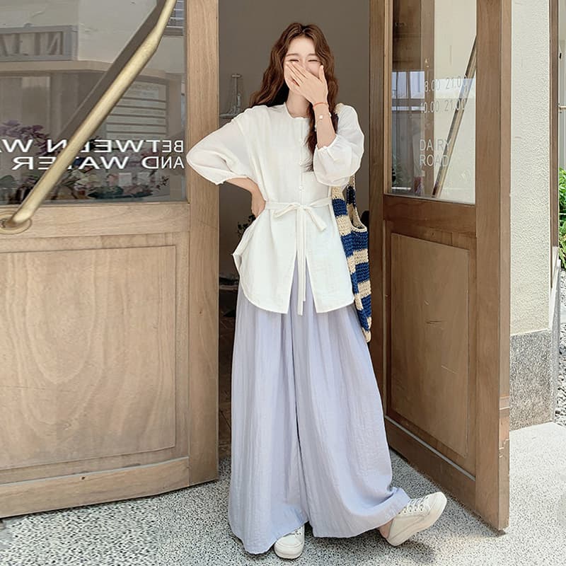 지금 한 부서 빅 사이즈 미니멀리즘 스트랩 맨위 와이드 레그 팬츠 세트 여성 이미지 4