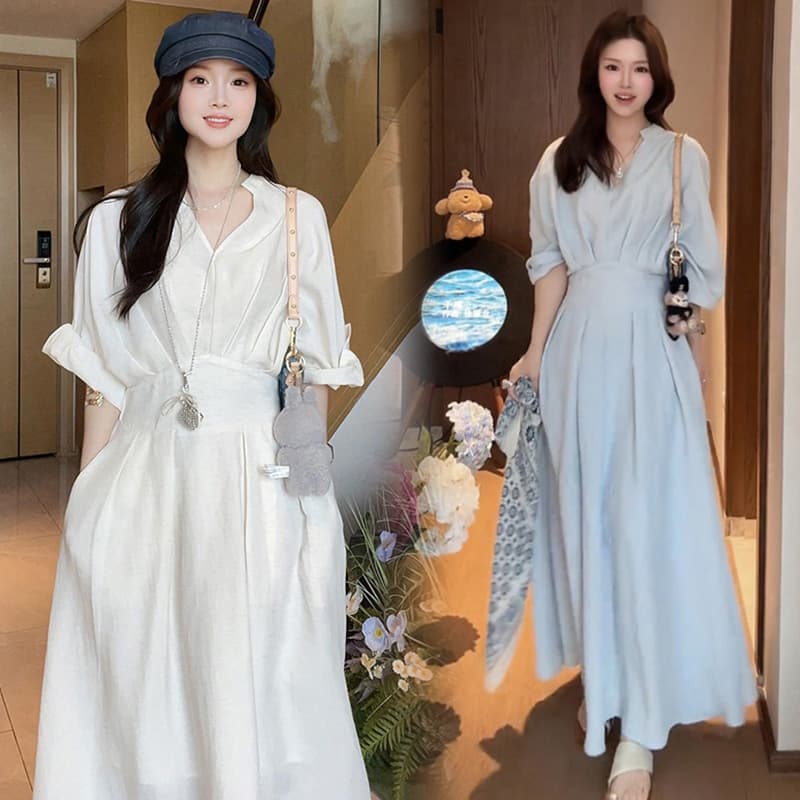 새로운 임산부 빅 사이즈 그는 벤 바람 셔츠 칼라 작은 대중 디자인 센스 슬림해 보이는 롱 스커트