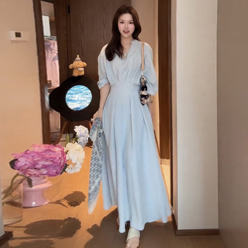 새로운 임산부 빅 사이즈 그는 벤 바람 셔츠 칼라 작은 대중 디자인 센스 슬림해 보이는 롱 스커트 이미지 4