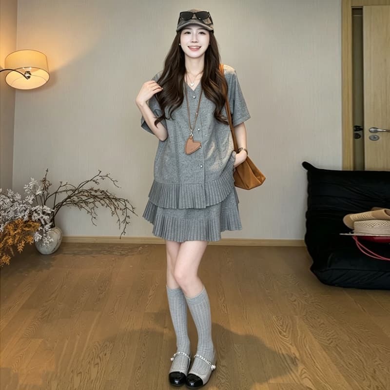 폭발 지금 한 부서 빅 사이즈 품격 작은 대중 꽃 연주 중 Pleat 맨위 플리츠 치마 세트 여성 이미지 2