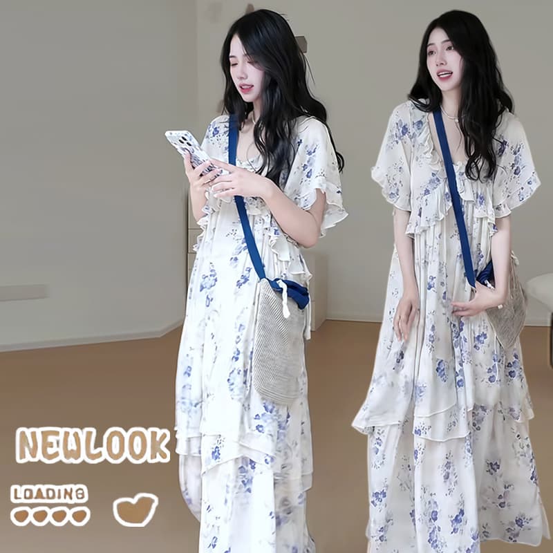임산부 빅 사이즈 휴가 바람 한 부서 프린트 루즈핏 슬림해 보이는 디자인 센스 드레스 이미지 2