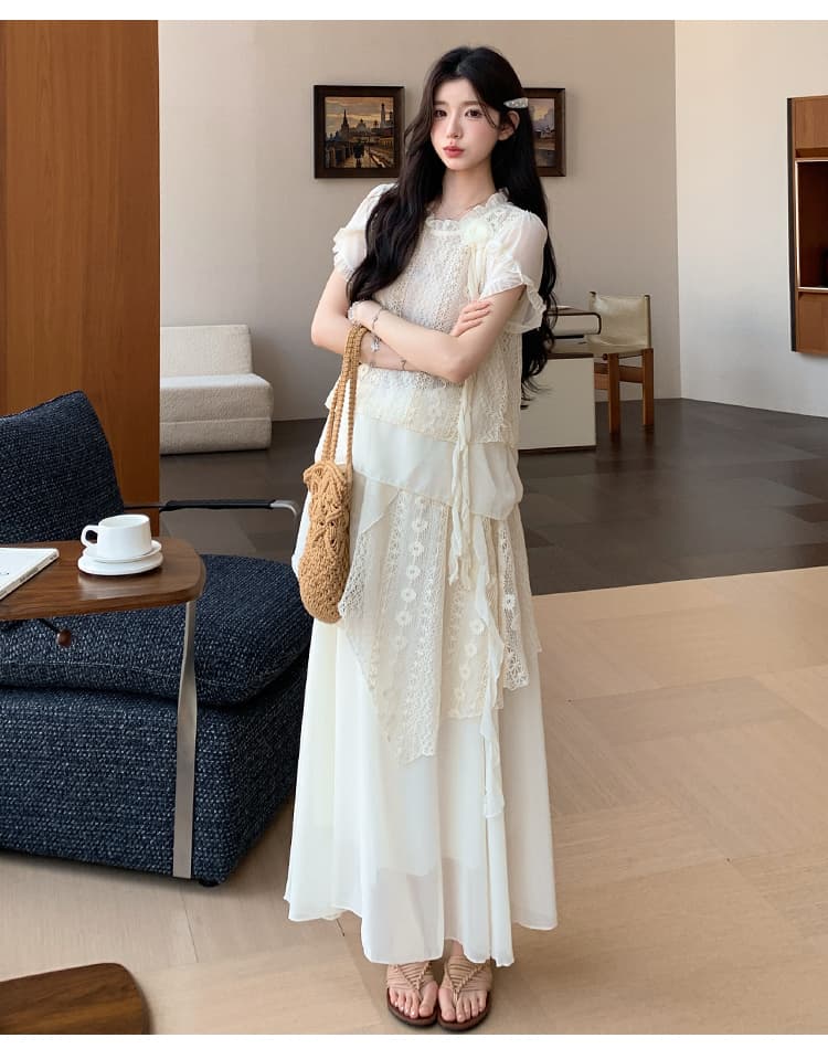 실사 지금 빅 사이즈 레이스 무거운 작업 꽃 쉬폰 세트 상세 이미지 21