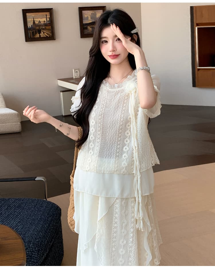 실사 지금 빅 사이즈 레이스 무거운 작업 꽃 쉬폰 세트 상세 이미지 25