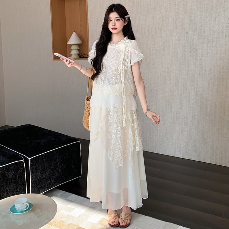실사 지금 빅 사이즈 레이스 무거운 작업 꽃 쉬폰 세트 이미지 2