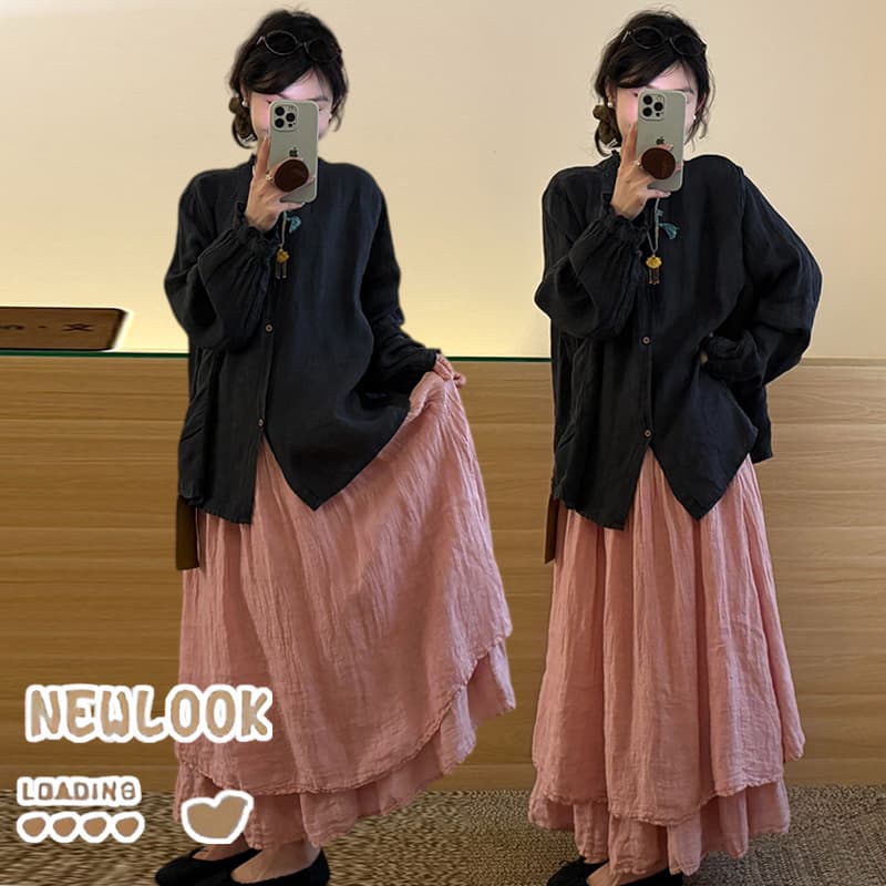 지금 임산부 한 부서 미니멀리즘 바람 루즈핏 표지 고기 셔츠 플러스 반신 치마 세트 여성 이미지 4