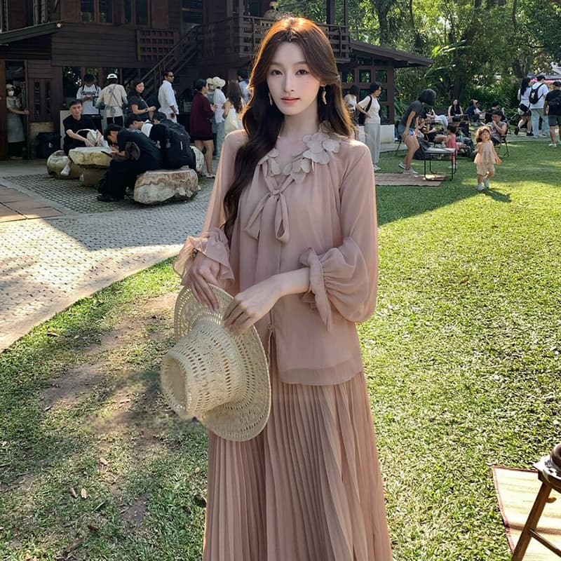 지금 이른 가을 새로운 달콤함 꽃잎 플리츠 맨위 반신 치마 세트 여성 이미지 2