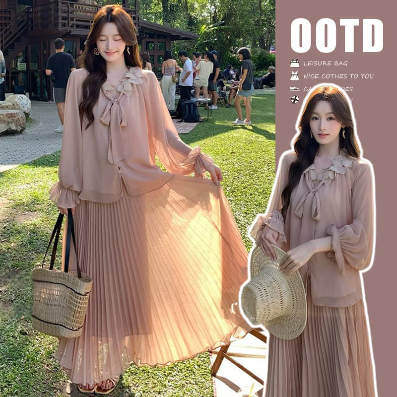 지금 이른 가을 새로운 달콤함 꽃잎 플리츠 맨위 반신 치마 세트 여성 이미지 3