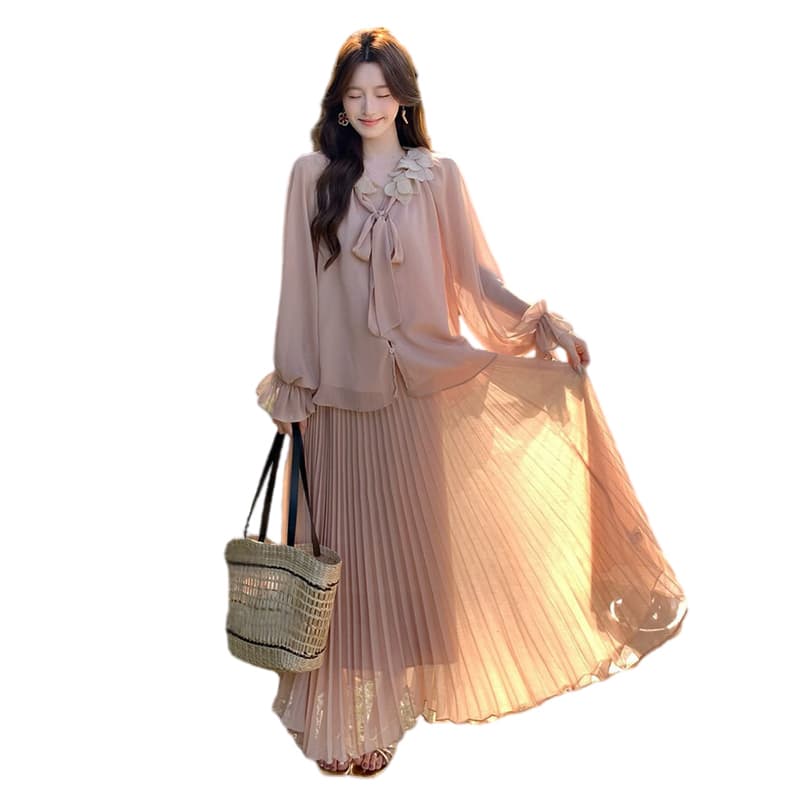 지금 이른 가을 새로운 달콤함 꽃잎 플리츠 맨위 반신 치마 세트 여성 이미지 5