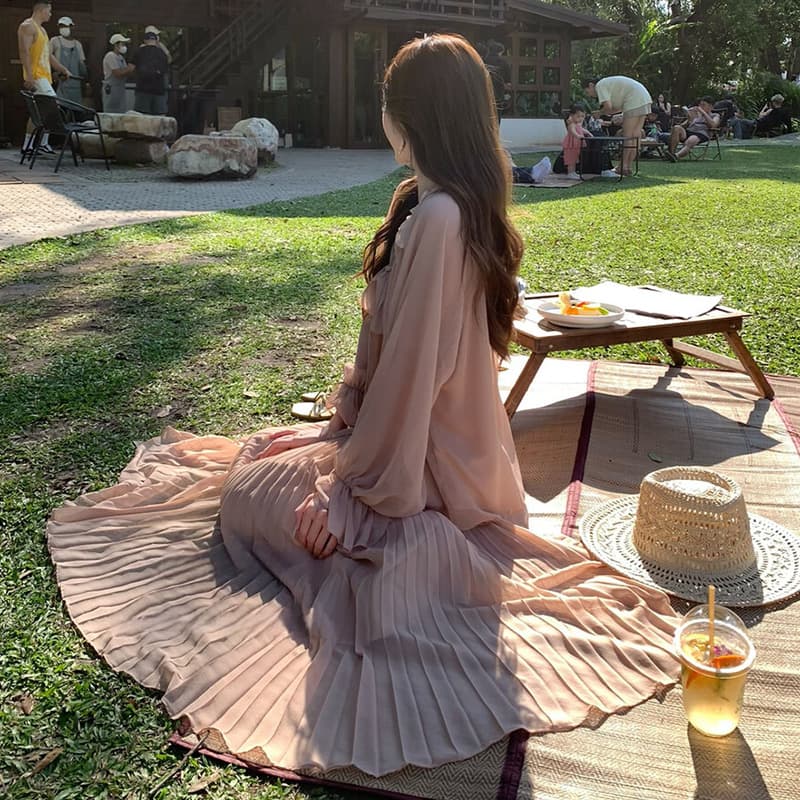 지금 이른 가을 새로운 달콤함 꽃잎 플리츠 맨위 반신 치마 세트 여성 이미지 4
