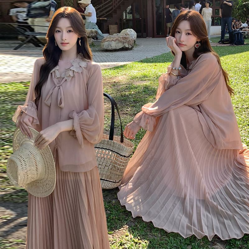 지금 이른 가을 새로운 달콤함 꽃잎 플리츠 맨위 반신 치마 세트 여성