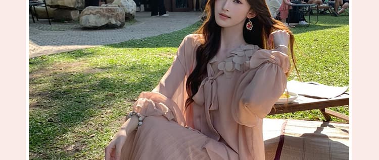 지금 이른 가을 새로운 달콤함 꽃잎 플리츠 맨위 반신 치마 세트 여성 상세 이미지 8