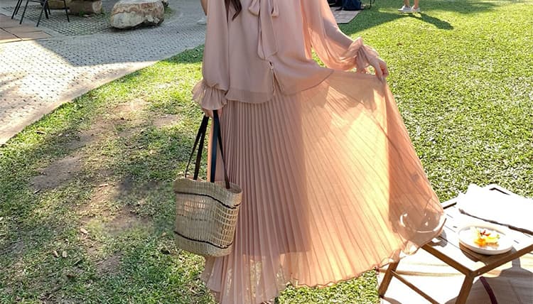 지금 이른 가을 새로운 달콤함 꽃잎 플리츠 맨위 반신 치마 세트 여성 상세 이미지 20
