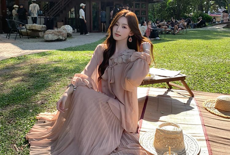 지금 이른 가을 새로운 달콤함 꽃잎 플리츠 맨위 반신 치마 세트 여성 상세 이미지 22