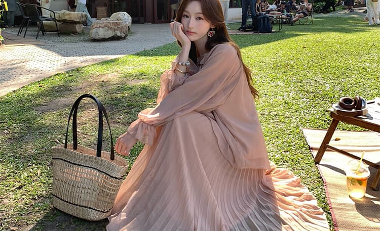 지금 이른 가을 새로운 달콤함 꽃잎 플리츠 맨위 반신 치마 세트 여성 상세 이미지 29