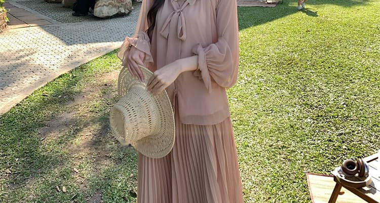 지금 이른 가을 새로운 달콤함 꽃잎 플리츠 맨위 반신 치마 세트 여성 상세 이미지 35