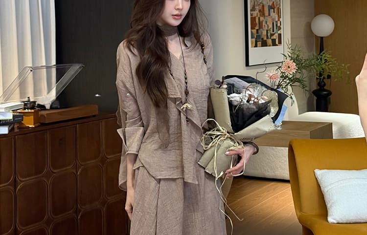 지금 이른 가을 새로운 면사 부드러운 센스 맨위 슬립 반신 스커트 세 조각 여성 세트 상세 이미지 26