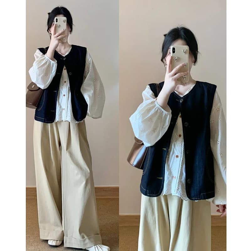 지금 한 부서 빅 사이즈 패션 홀로우 아웃 셔츠 데님 베스트 와이드 레그 팬츠 3종 세트 여성 의류 이미지 2