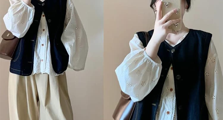 지금 한 부서 빅 사이즈 패션 홀로우 아웃 셔츠 데님 베스트 와이드 레그 팬츠 3종 세트 여성 의류 상세 이미지 18