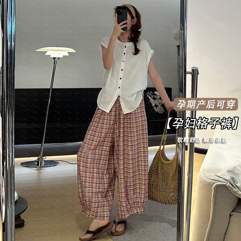 지금 이른 가을 느긋한 임산부 빅 사이즈 버블 캐주얼 체크무늬 다리 바지 아이들 이미지 2