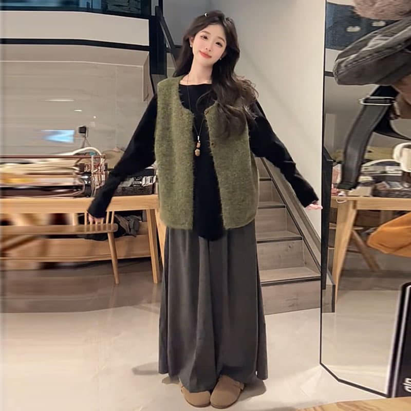 지금 패션 빅 사이즈 새로운 루즈핏 만나는 맨위 털실 베스트 투피스 세트 와이드 레그 팬츠 세트 여성 이미지 4