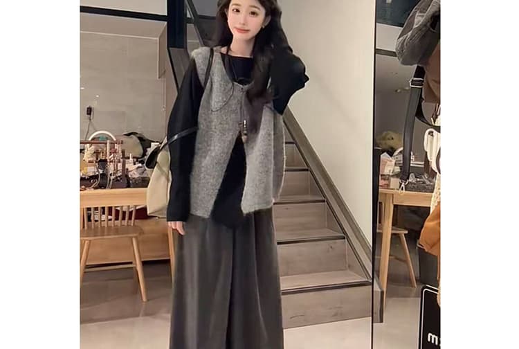 지금 패션 빅 사이즈 새로운 루즈핏 만나는 맨위 털실 베스트 투피스 세트 와이드 레그 팬츠 세트 여성 상세 이미지 27