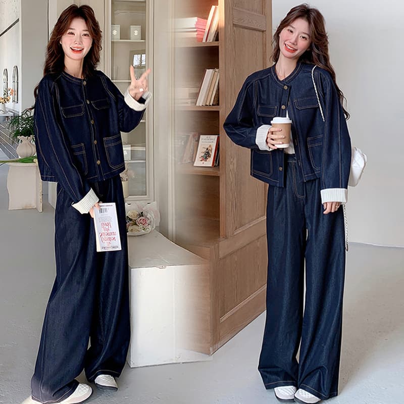 지금 새로운 빅 사이즈 임산부 워시 물 데님 패치워크 체크무늬 세트 이미지 2