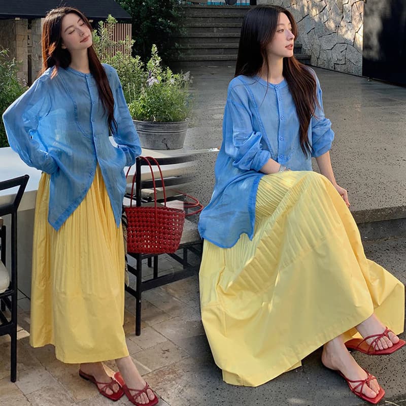 지금 새로운 품격 한 부서 면 린넨 맨위 플리츠 반신 치마 세트 여성 이미지 2