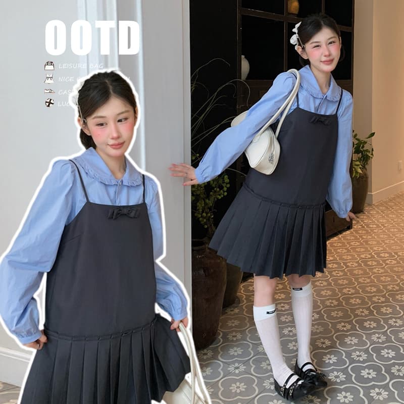 지금 이른 가을 새로운 인형 셔츠 플리츠 슬립 치마 세트 여성