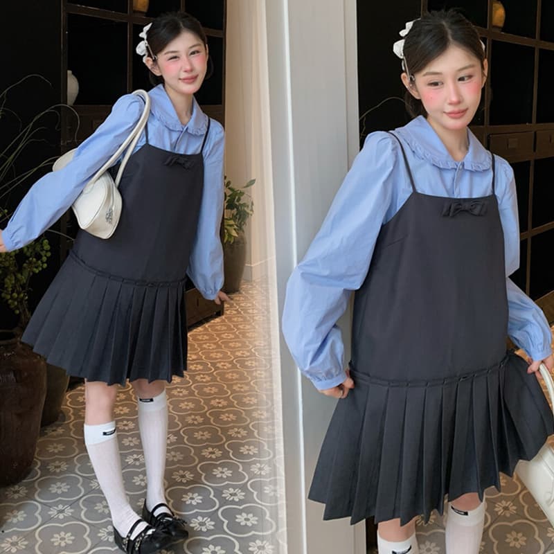 지금 이른 가을 새로운 인형 셔츠 플리츠 슬립 치마 세트 여성 이미지 4