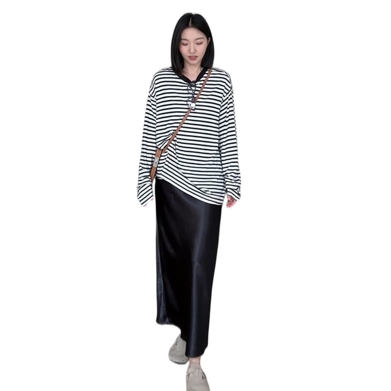 지금 루즈핏 느긋한 스트라이프 반신 치마 세트 여성 이미지 5