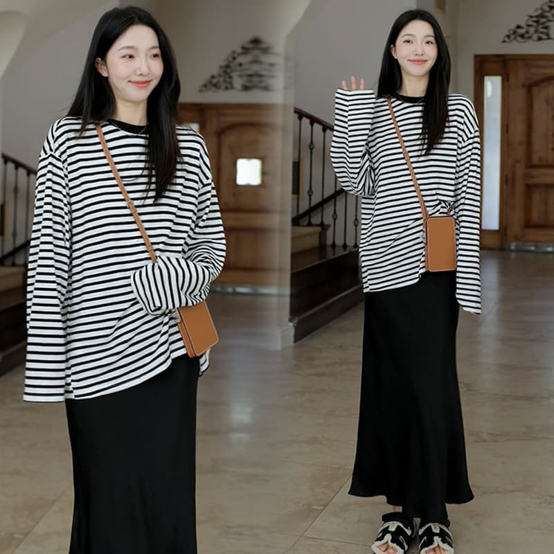 지금 루즈핏 느긋한 스트라이프 반신 치마 세트 여성 이미지 4