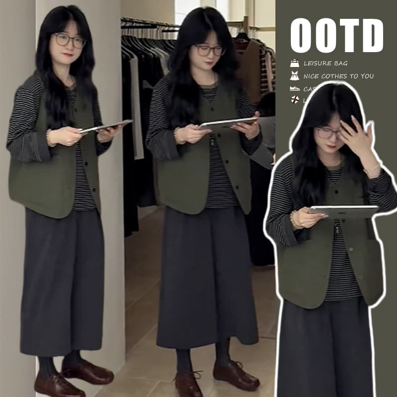 새로운 이른 가을 느긋한 바람 줄무늬 베스트 조끼 넓은 다리 9부 바지 3종 세트 세트 이미지 2