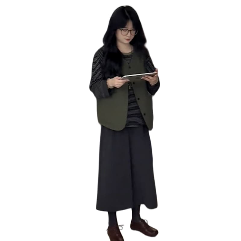 새로운 이른 가을 느긋한 바람 줄무늬 베스트 조끼 넓은 다리 9부 바지 3종 세트 세트 이미지 5