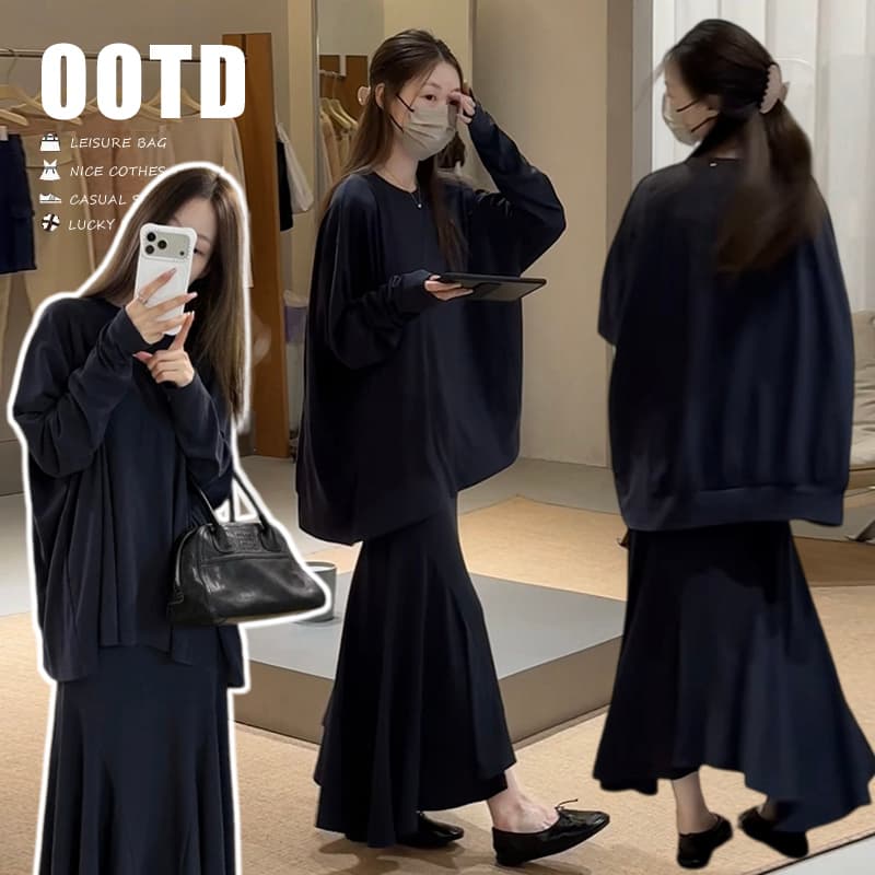 지금 빅 사이즈 느긋한 바람 루즈핏 연삭 털 맨위 불규칙 인어 꼬리 반신 치마 세트 여성 이미지 2