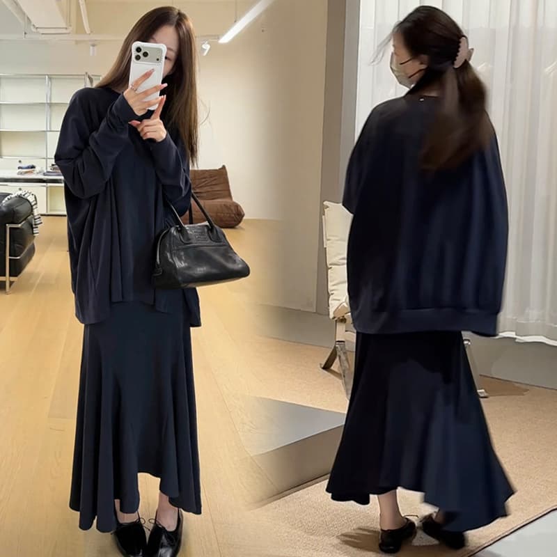 지금 빅 사이즈 느긋한 바람 루즈핏 연삭 털 맨위 불규칙 인어 꼬리 반신 치마 세트 여성