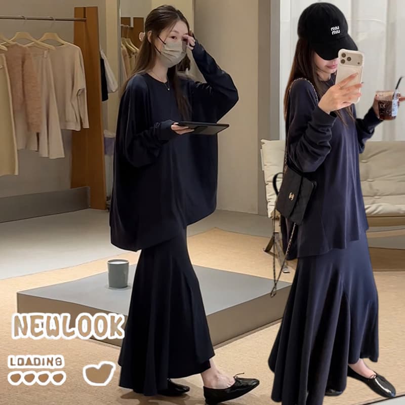 지금 빅 사이즈 느긋한 바람 루즈핏 연삭 털 맨위 불규칙 인어 꼬리 반신 치마 세트 여성 이미지 4