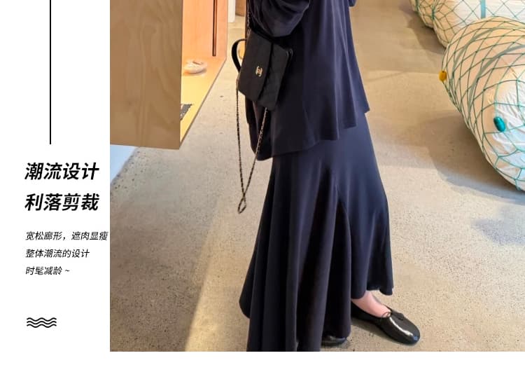 지금 빅 사이즈 느긋한 바람 루즈핏 연삭 털 맨위 불규칙 인어 꼬리 반신 치마 세트 여성 상세 이미지 9