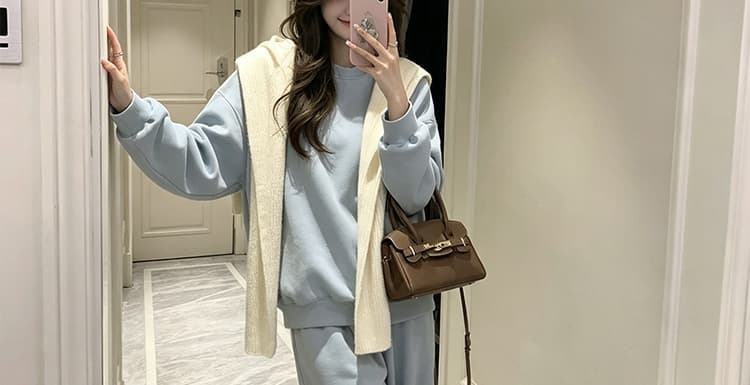 지금 새로운 한 부서 라운드 넥 풀오버 스웨트셔츠 두꺼운 숄 와이드 레그 팬츠 어린이 세 조각 여성 세트 상세 이미지 26