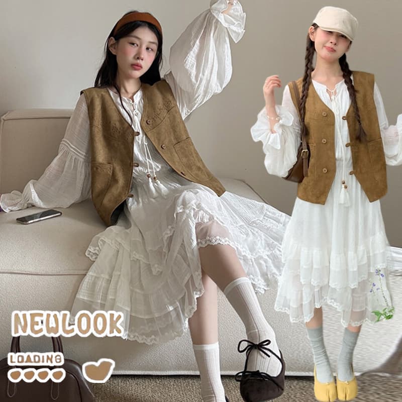 지금 한 부서 달콤함 다용도 품격 연령 감소 패치워크 술 긴팔 드레스 베스트 투피스 세트 세트