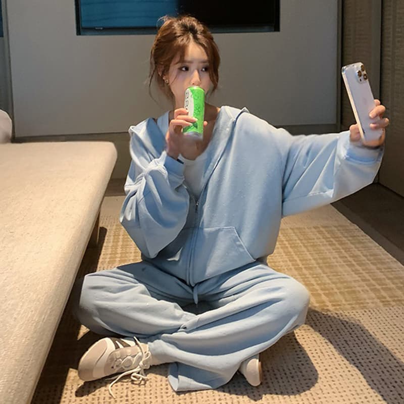 새로운 외국 가스 크리스탈 핫픽스 높음 그램 무거운 느긋한 편안함 후드 재킷 바지 세트 여성 이미지 3