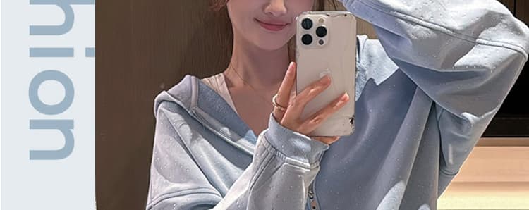새로운 외국 가스 크리스탈 핫픽스 높음 그램 무거운 느긋한 편안함 후드 재킷 바지 세트 여성 상세 이미지 2