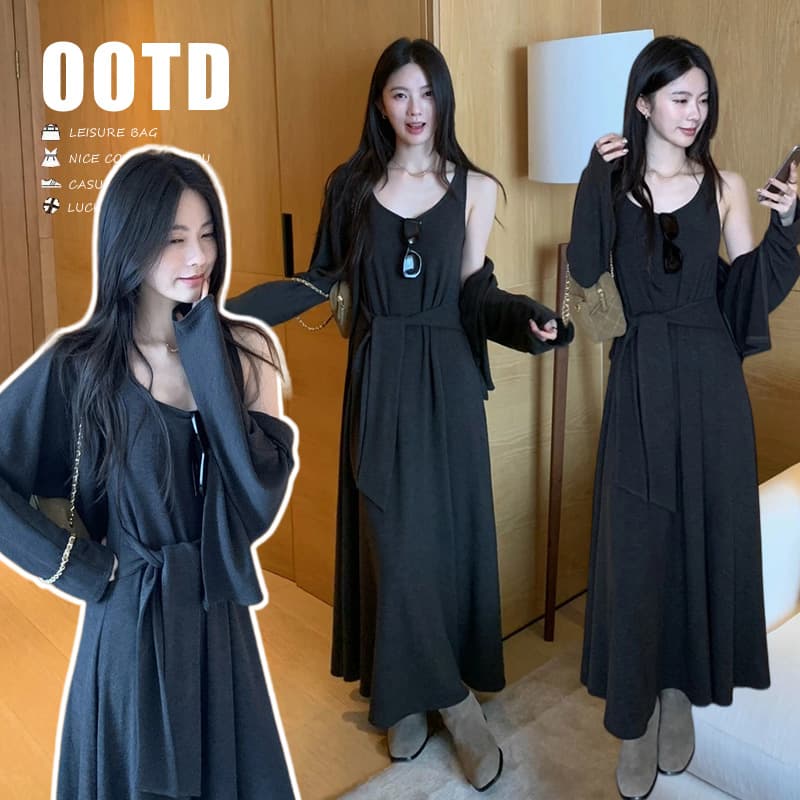 새로운 한 부서 느긋한 센스 니트 오픈 가디건 조끼 원피스 투피스 세트 세트