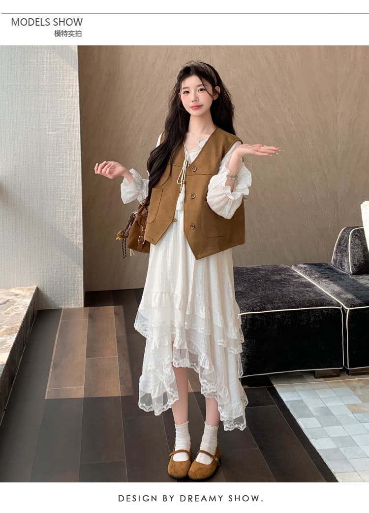 지금 한 부서 달콤함 다용도 품격 연령 감소 패치워크 술 긴팔 드레스 베스트 투피스 세트 세트 상세 이미지 11